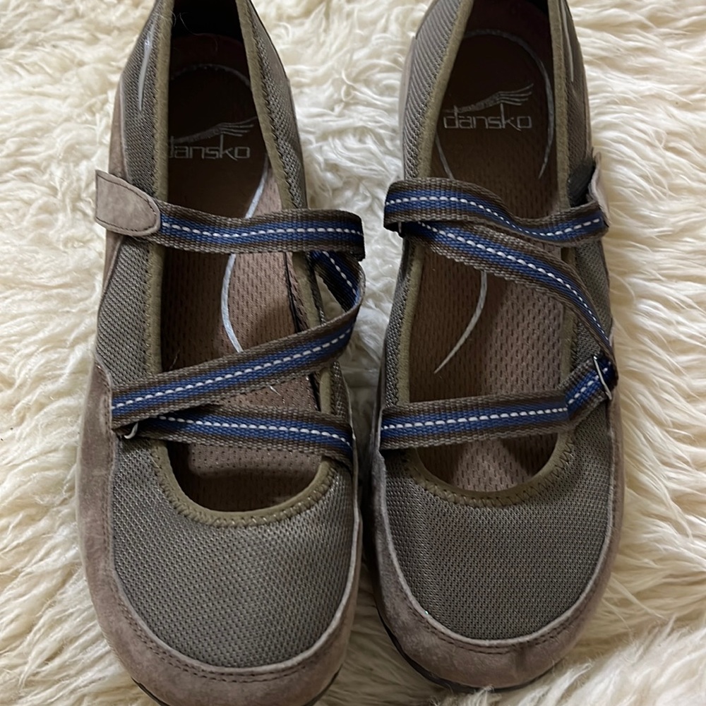 Dansko Hazel Mary Jane Brown leather Fabric Upper Hook & Loop Strap